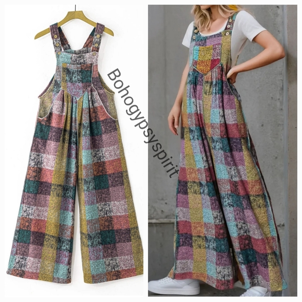 Patchwork Plaid Fleece Wideleg Jumpsuit Overalls - Picture 7 of 16